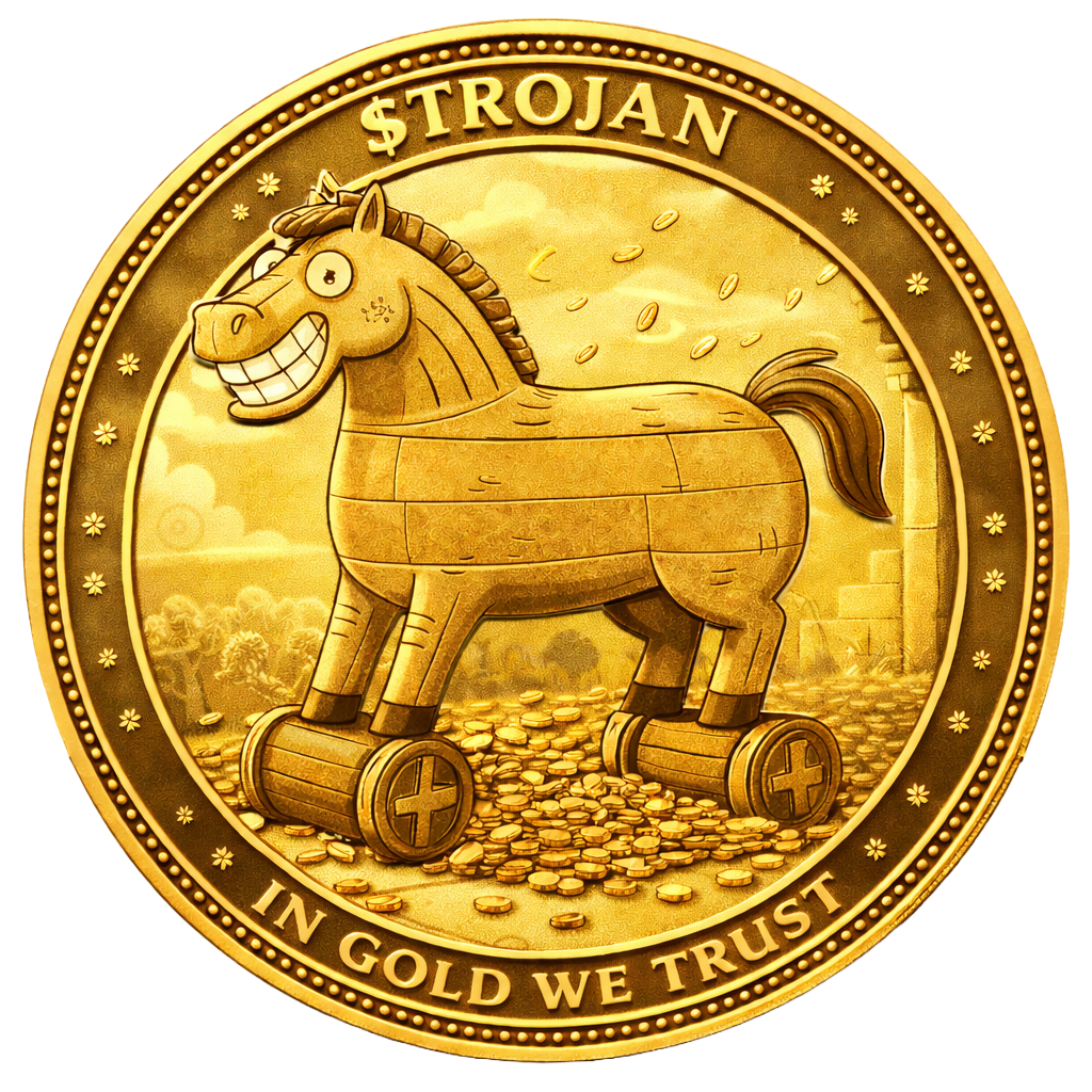 $TROJAN gold coin featuring a cartoon Trojan horse mascot